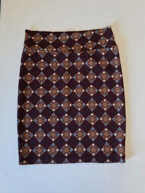 LuLaRoe Maroon Pencil Skirt with Blue and Gold Medallion Print
